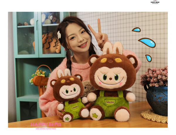 Gấu bông labubu nâu yếm xanh lông nhung HAPPY BEAR size 60CM