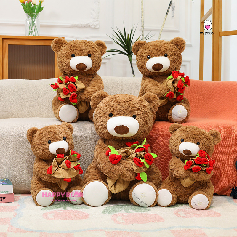 Gấu Bông Teddy Bó Hoa HP107 - HAPPY BEAR 27 Gấu bông teddy dáng ngồi kèm mũ và ôm hoa hp203