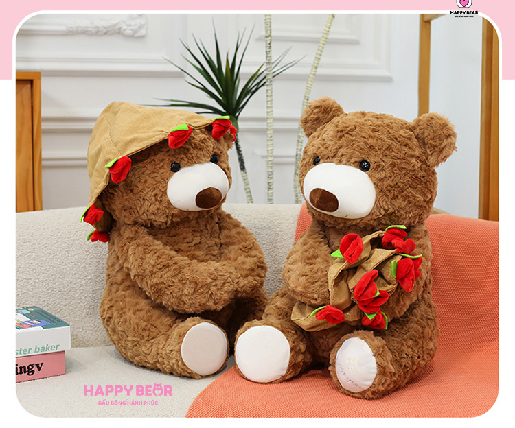Gấu Bông Teddy Bó Hoa HP107 - HAPPY BEAR 28 Gấu bông teddy dáng ngồi kèm mũ và ôm hoa hp203