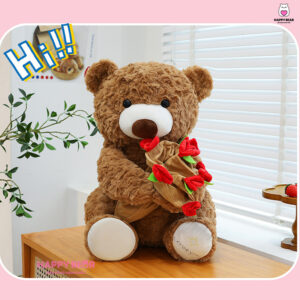 Gấu bông teddy dáng ngồi kèm mũ và ôm hoa hp203