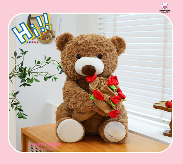 Gấu bông teddy dáng ngồi kèm mũ và ôm hoa hp203