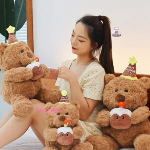 Gấu bông teddy sinh nhật ôm bánh happy bear