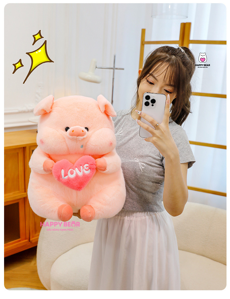 Gấu Bông Heo Ôm Tym LOVE HP133 - HAPPY BEAR 30 Gấu Bông Heo Ôm Trái Tim Thêu Love Dễ Thương HAPPY BEAR size 60CM