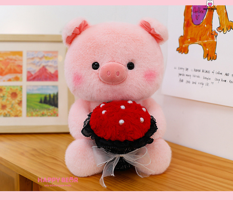 Gấu Bông Heo Ôm Hồng Ôm Hoa Bông Dễ Thương HP156 - HAPPY BEAR