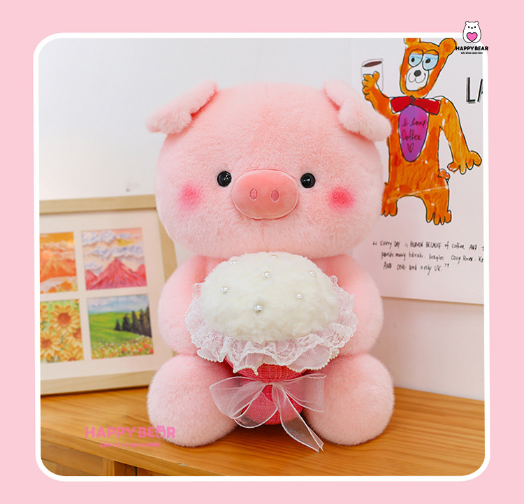 Gấu Bông Heo Ôm Hồng Ôm Hoa Bông Dễ Thương HP156 - HAPPY BEAR