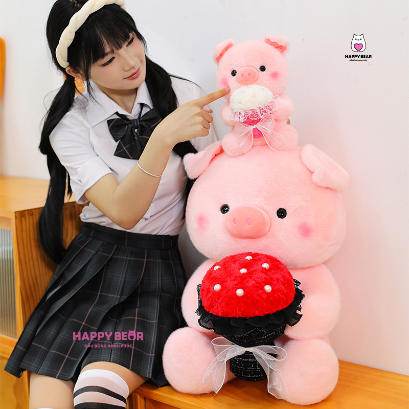 Gấu Bông Heo Ôm Hồng Ôm Hoa Bông Dễ Thương HP156 - HAPPY BEAR