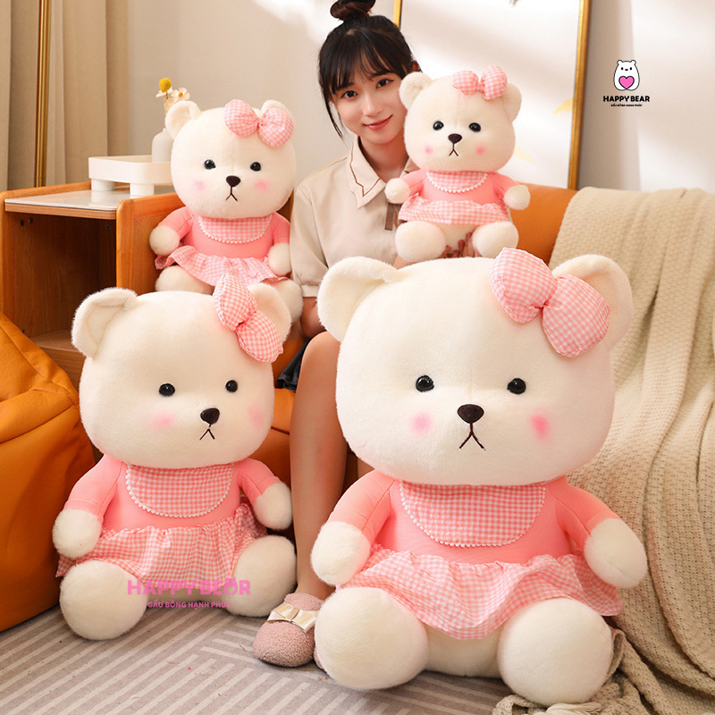 Gấu Bông Lena Yếm HP150 - HAPPY BEAR 17 Gấu Bông Lena Trắng Mặc Yếm Hồng Dễ Thương HP150 - HAPPY BEAR